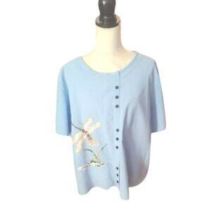NWOT Pastel Blue Short Sleeve Casual Blouse with Dragonfly Design
